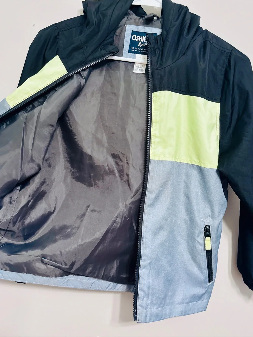 OshKosh B'gosh Colorblock Hooded Jacket Size 8 Windbreaker Black, Lime, and Gray